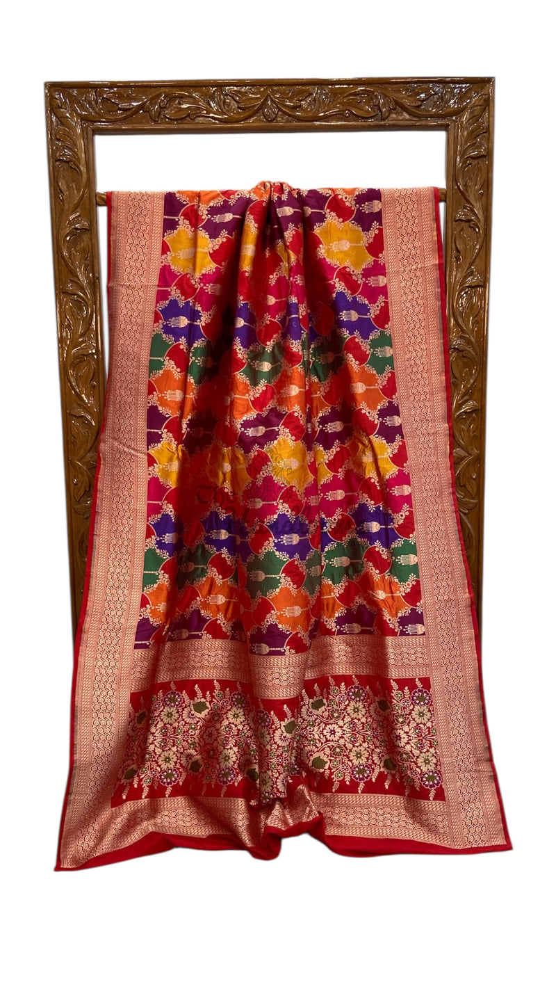 Multicolor Pure Katan Silk Banarasi Handloom Saree - All over Jaal Work With Rangkart - The Handlooms