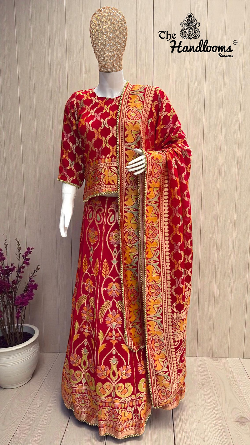 Pure Khaddi Georgette Bandhani Handloom Banarasi Lehenga - The Handlooms