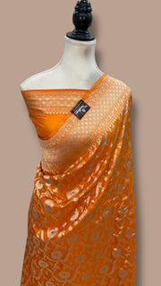 Orange Pure Katan Silk Banarasi Handloom Saree - All over Sona Roopa Jaal work - The Handlooms
