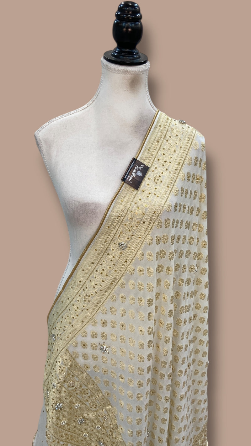 Pure Khaddi Georgette Handloom Dupatta With Zardosi Handwork