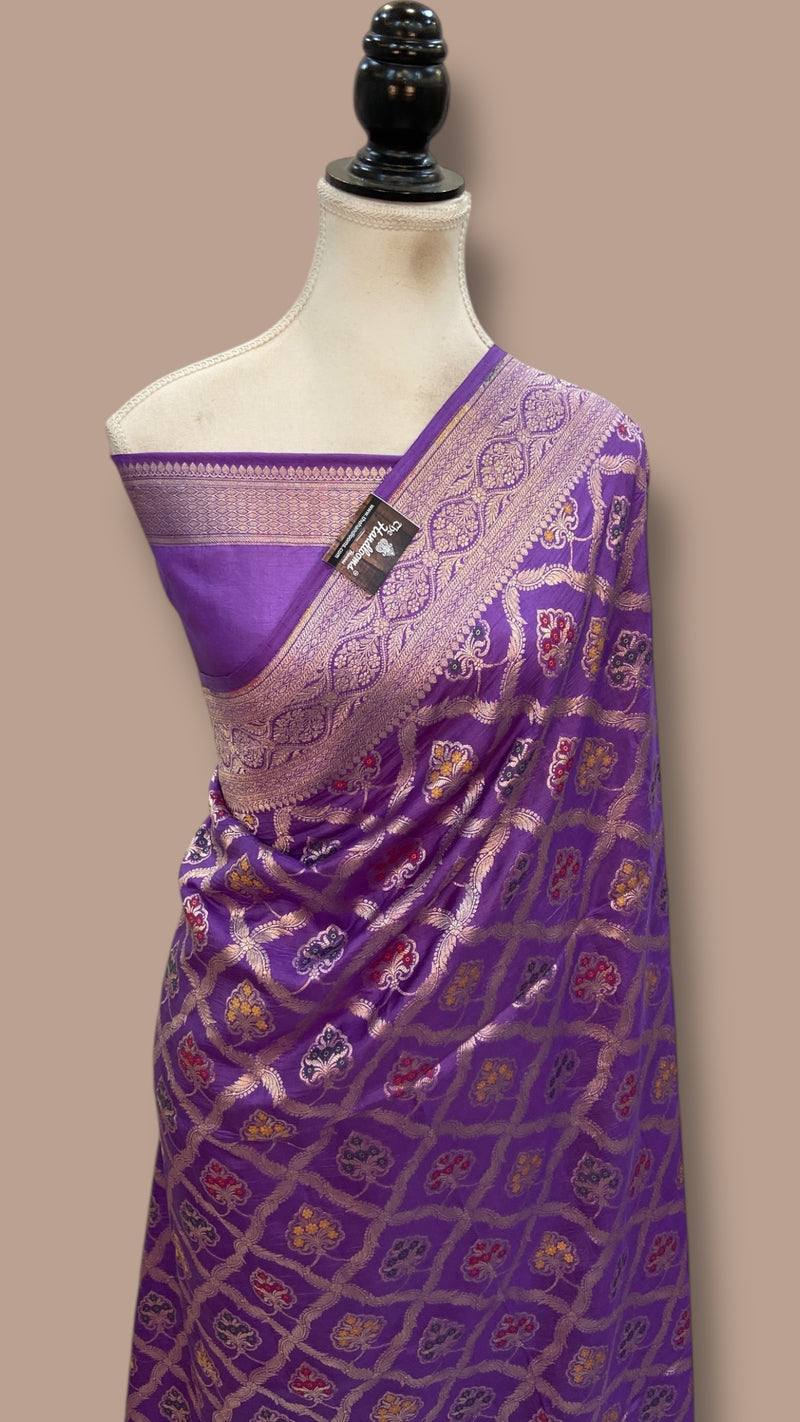 Pure Katan Silk Banarasi Handloom Saree - All over Jaal Work With Meenakari