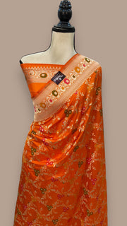 Orange Pure Katan Silk Banarasi Handloom Saree - All over Jaal work with Meenakari - The Handlooms