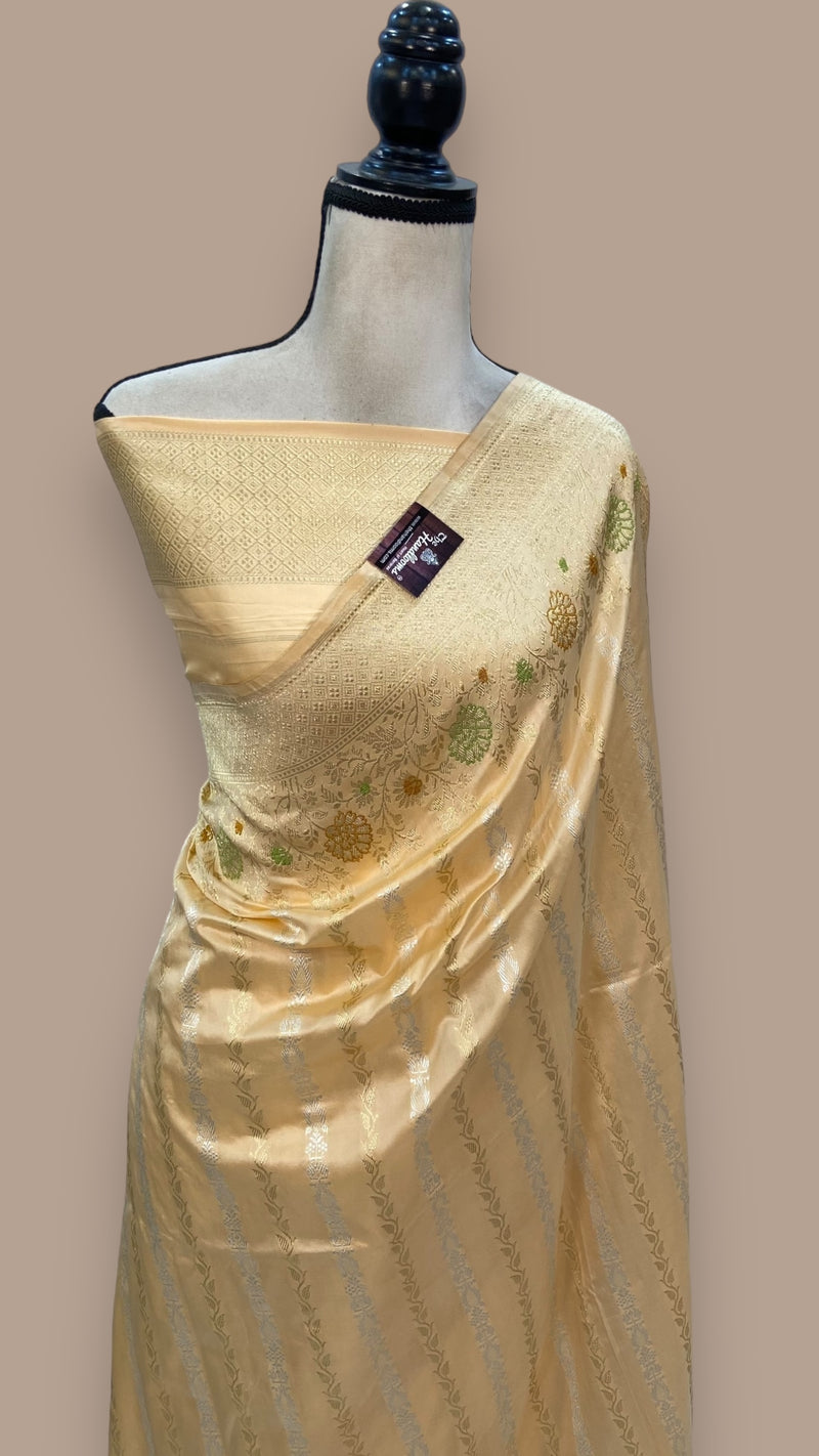 Pure Katan Silk Banarasi Handloom Saree - All over soona roopa  Kadua stripe - The Handlooms