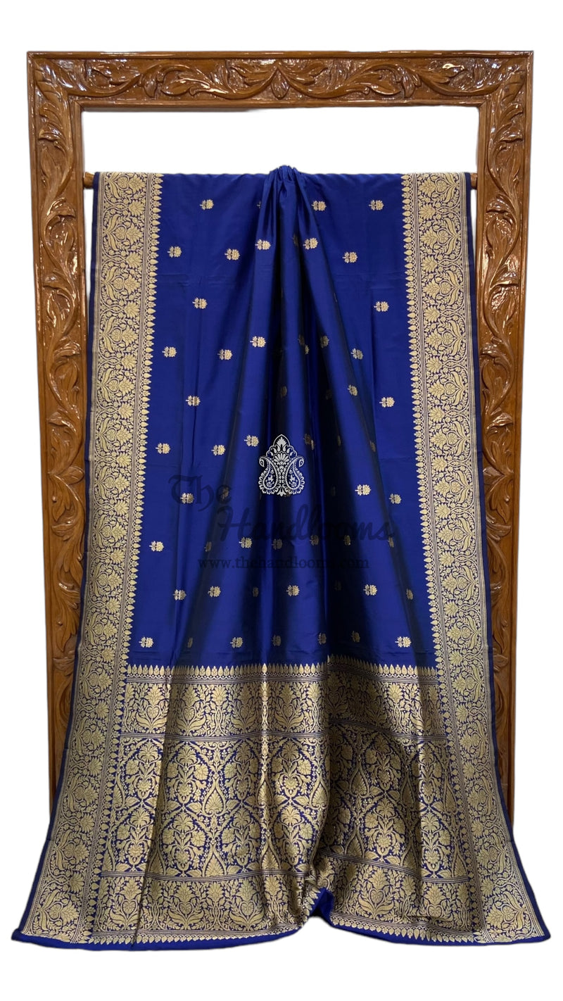 Royal Blue Pure Katan Silk Banarasi Handloom Saree - All over Kadua motifs - The Handlooms