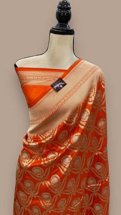 Orange Pure Katan Silk Banarasi Handloom Saree - All over Sona Roopa Jaal work