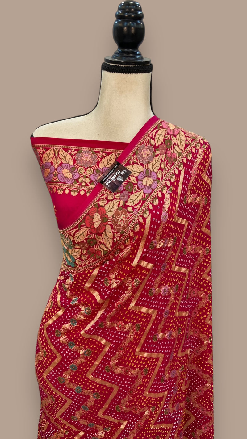 Pure Georgette Banarasi Bandhej Handloom Saree - with meenakari work - The Handlooms