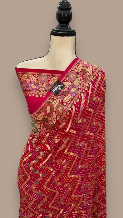 Pure Georgette Banarasi Bandhej Handloom Saree - with meenakari work