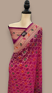 Pure Georgette Banarasi Bandhej Handloom Saree - with meenakari work - The Handlooms