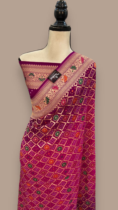 Pure Georgette Banarasi Bandhej Handloom Saree - with meenakari work