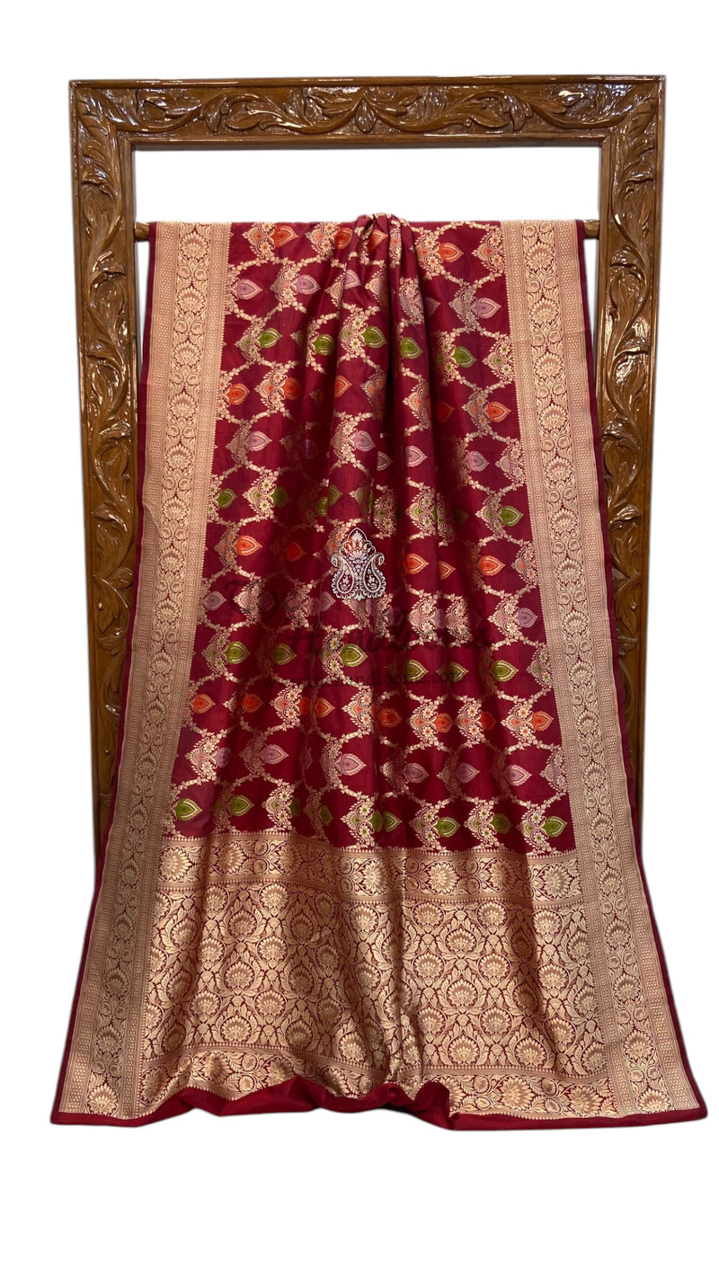 Maroon Pure Katan Silk Banarasi Handloom Saree - All over Jaal work - With Meenakari - The Handlooms