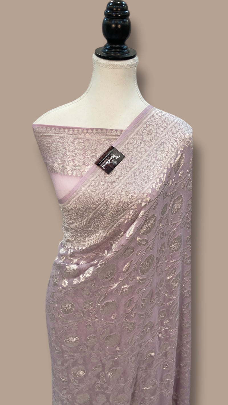 Khaddi Georgette Banarasi Saree with all silver zari jaal work - The Handlooms