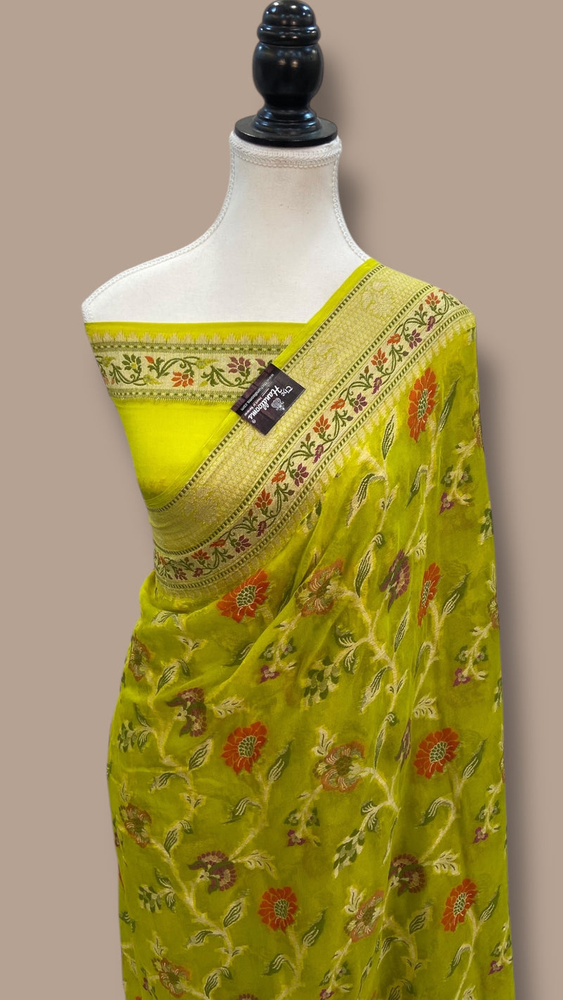 Lime Green Pure Chiffon Khaddi Banarasi Saree - The Handlooms