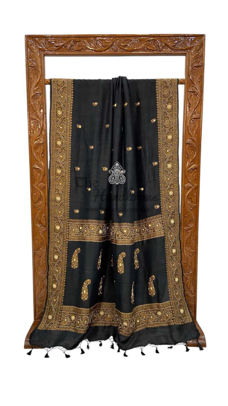 Pure Tussar Georgette Handloom Banarasi Saree with Handwork: Gota Patti, Zardozi, Diamond Chain, Katdana, and Abla Detailing - The Handlooms