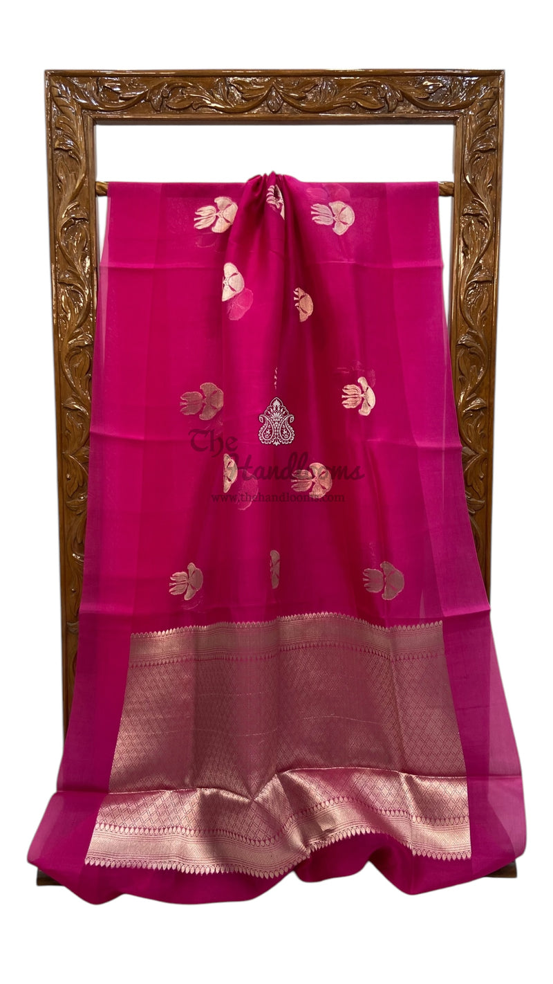 Hot Pink Pure Kora Handloom Banarasi Saree - The Handlooms