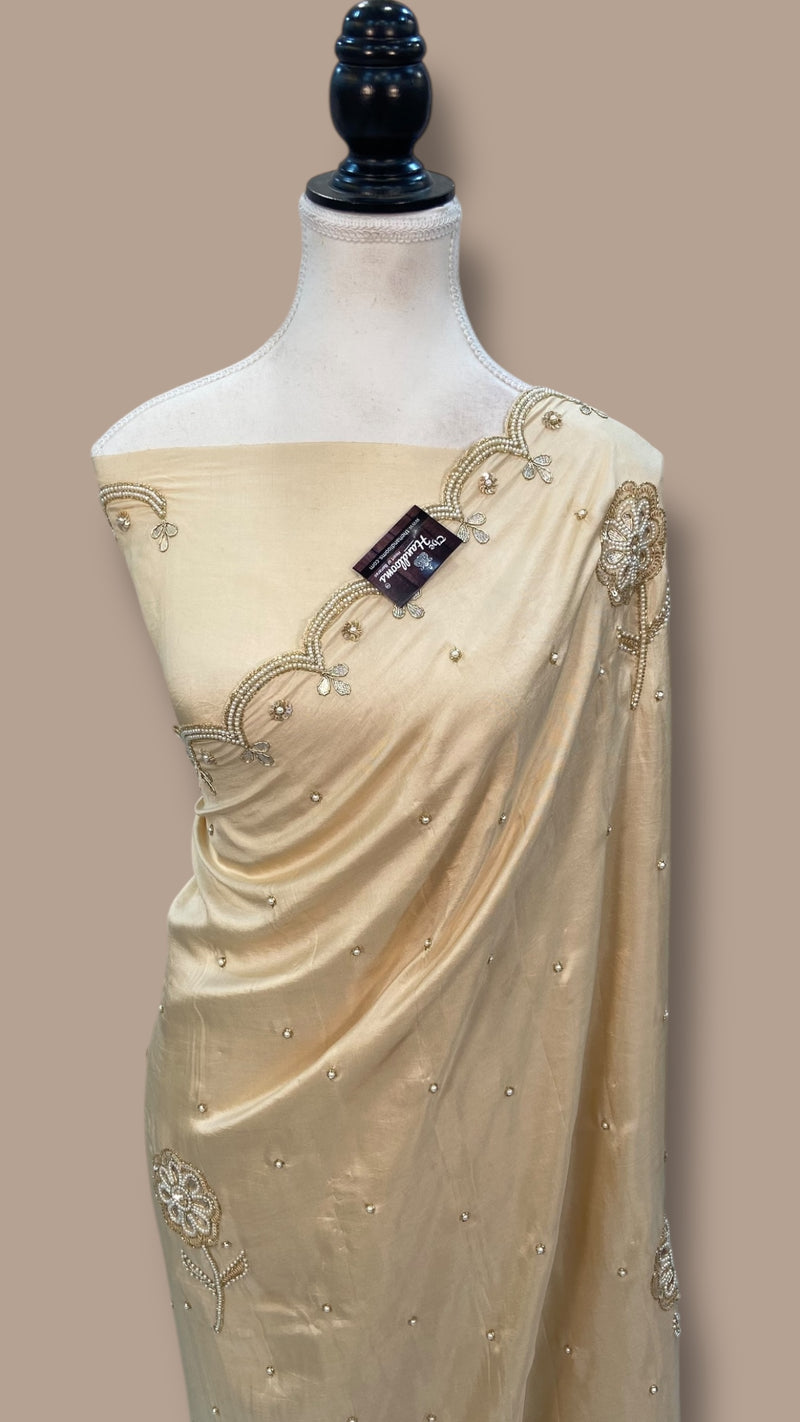 Pure katan Silk Handloom Banarasi Saree with Handwork: Zardozi, Diamond Chain, Katdana, and Abla Detailing - The Handlooms