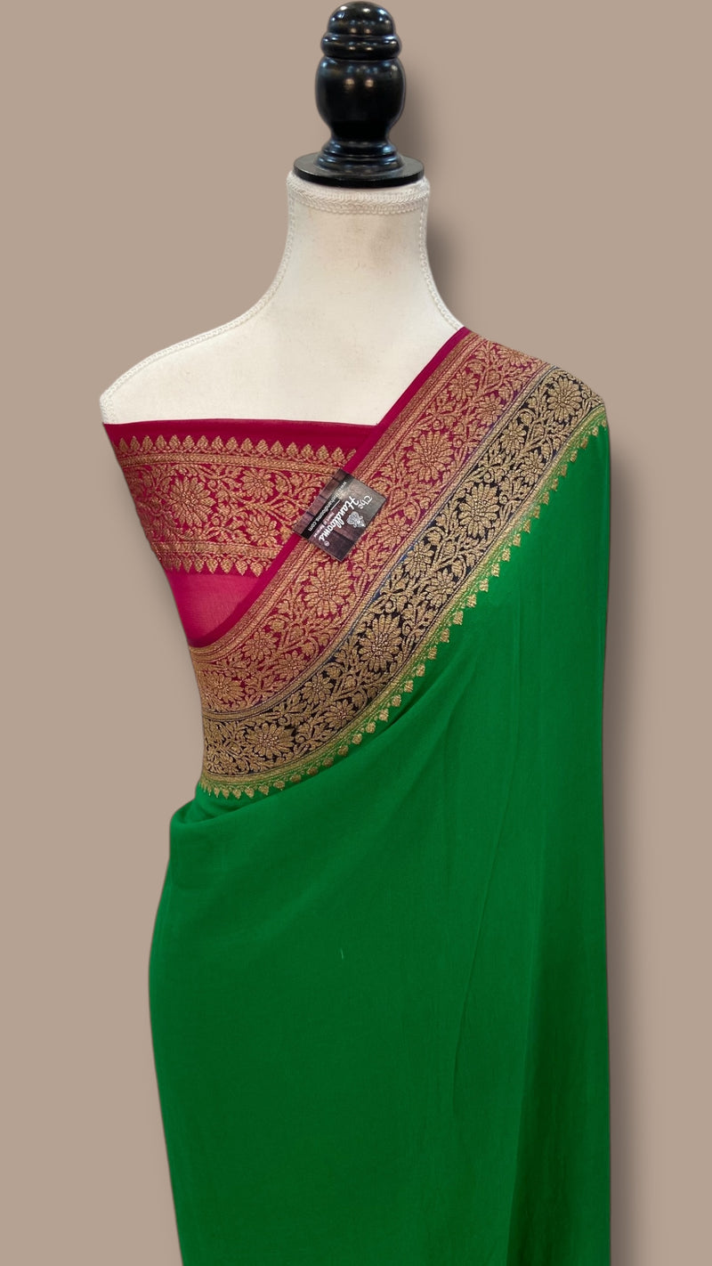 Green Pure Khaddi Georgette Handloom Banarasi Saree - The Handlooms