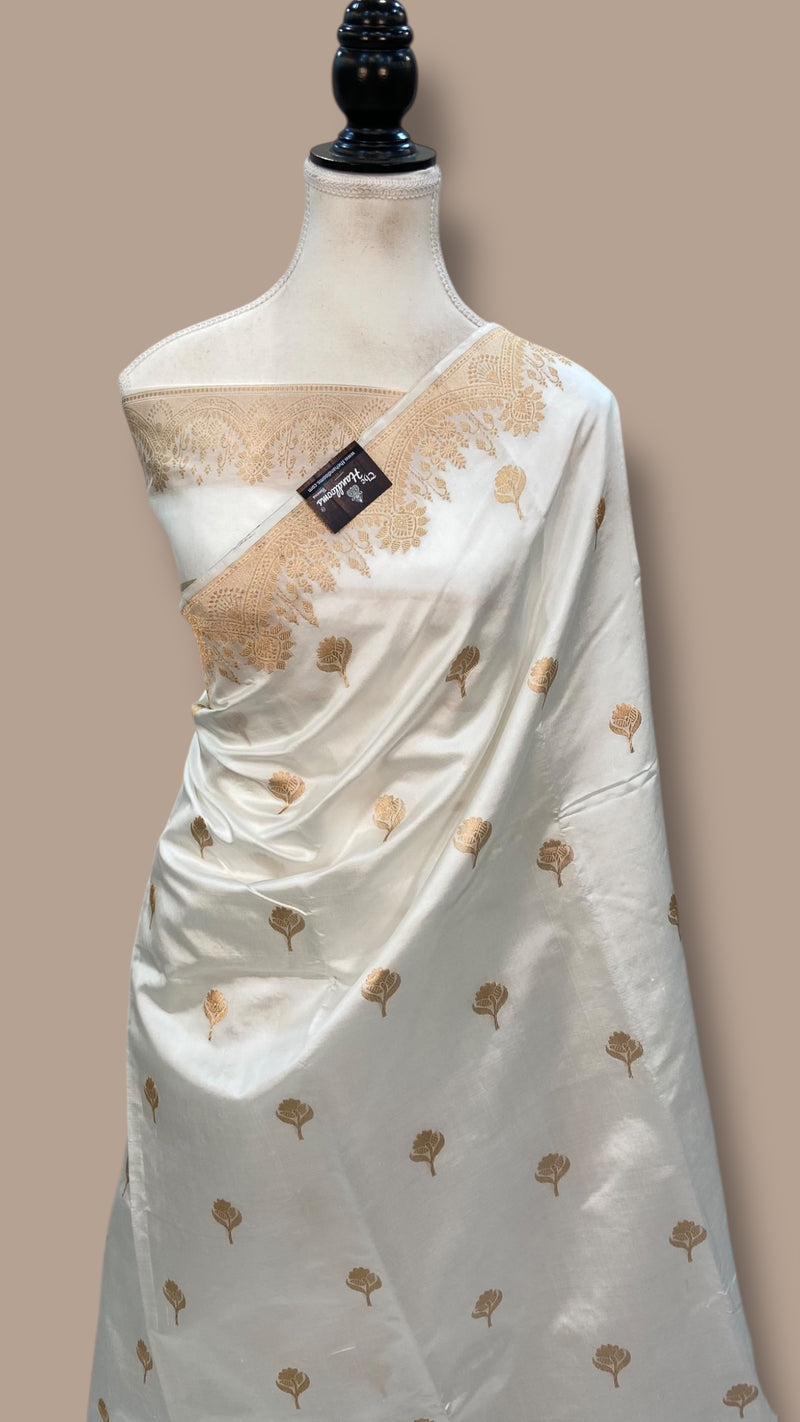White Pure Katan Silk Banarasi Handloom Saree - All over Kadua motifs - The Handlooms