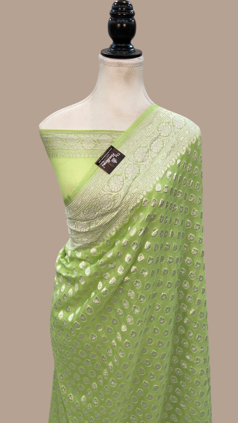 Khaddi Georgette Handloom Banarasi Saree With Silver Zari Motifs - The Handlooms