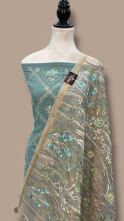 Pure Chanderi Cotton Banarasi Dress material - Chikankari With Organza Dupatta - The Handlooms