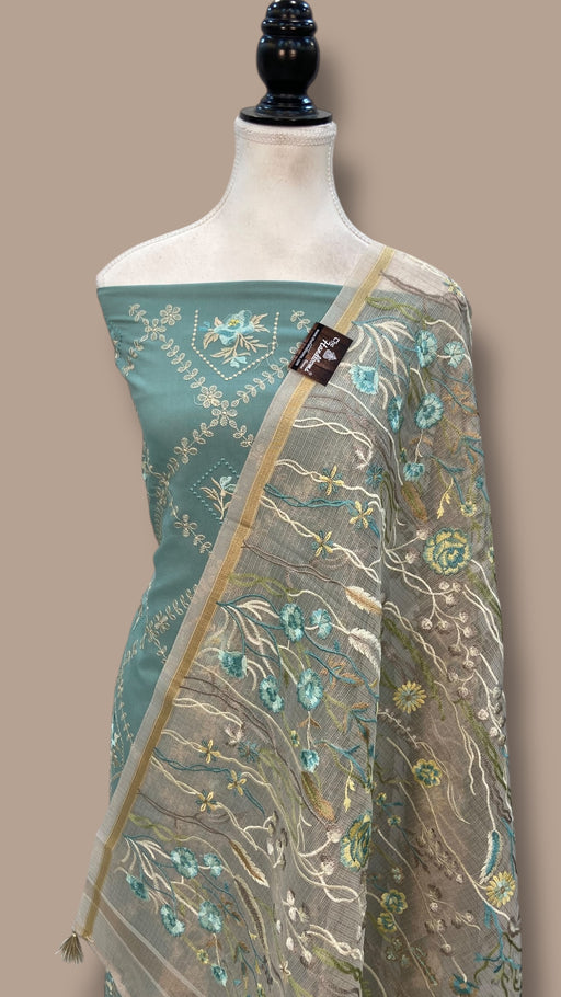Pure Chanderi Cotton Banarasi Dress material - Chikankari With Organza Dupatta - The Handlooms
