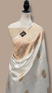 White Pure Katan Silk Banarasi Handloom Saree - All over Kadua motifs - The Handlooms