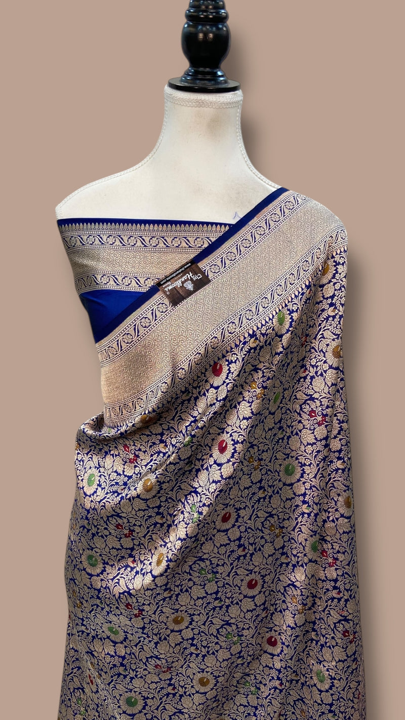 Regal Pure Katan Silk Banarasi Saree – Handwoven Tanchui Brocade with Meenakari Work - The Handlooms