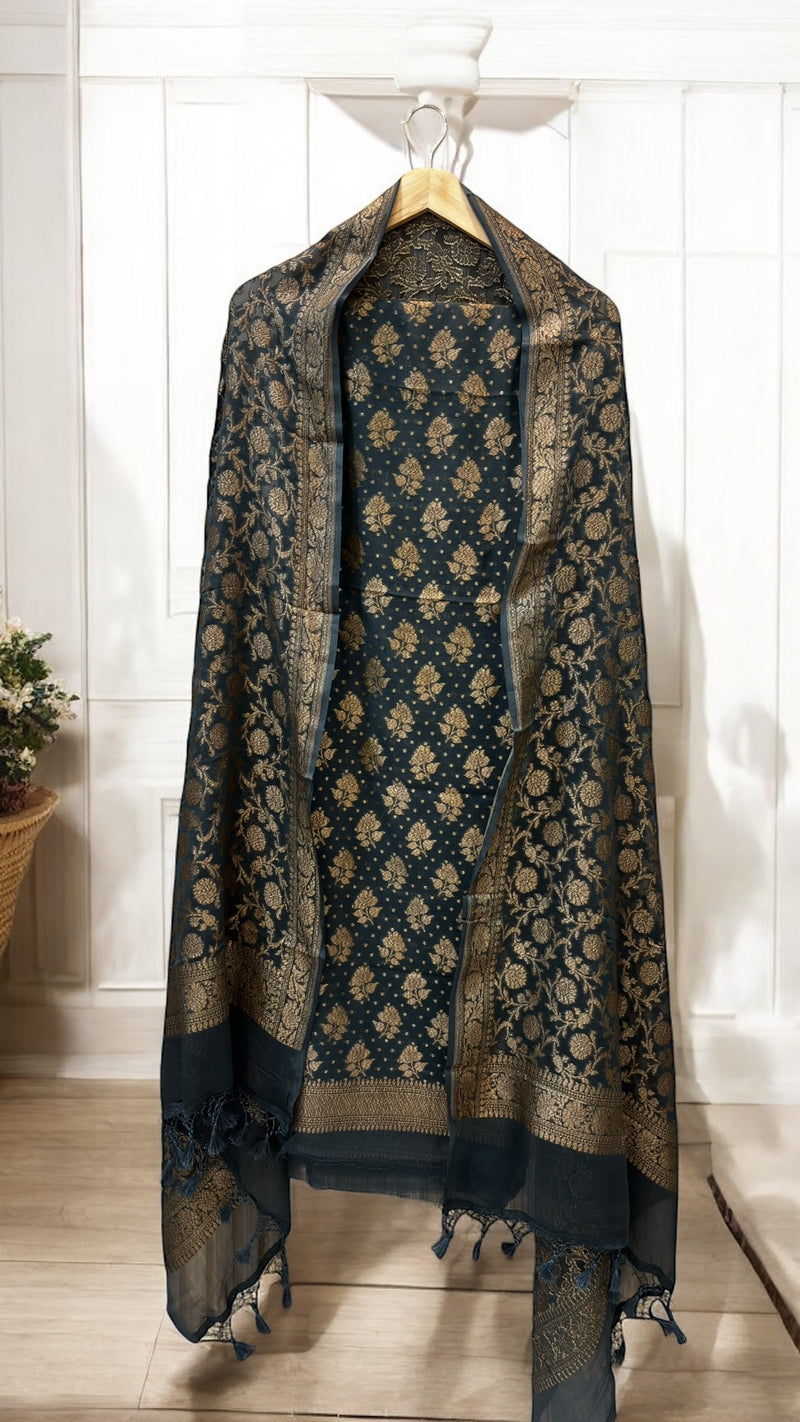 Pure Khaddi Georgette 3 Pc Suit Set with Gold Zari - The Handlooms