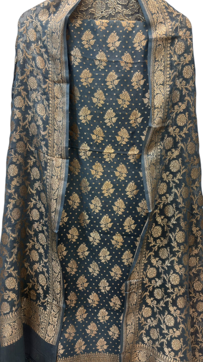 Pure Khaddi Georgette 3 Pc Suit Set with Gold Zari - The Handlooms