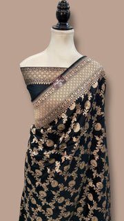 Black Pure Katan Silk Banarasi Handloom Saree - All over jaal work - The Handlooms