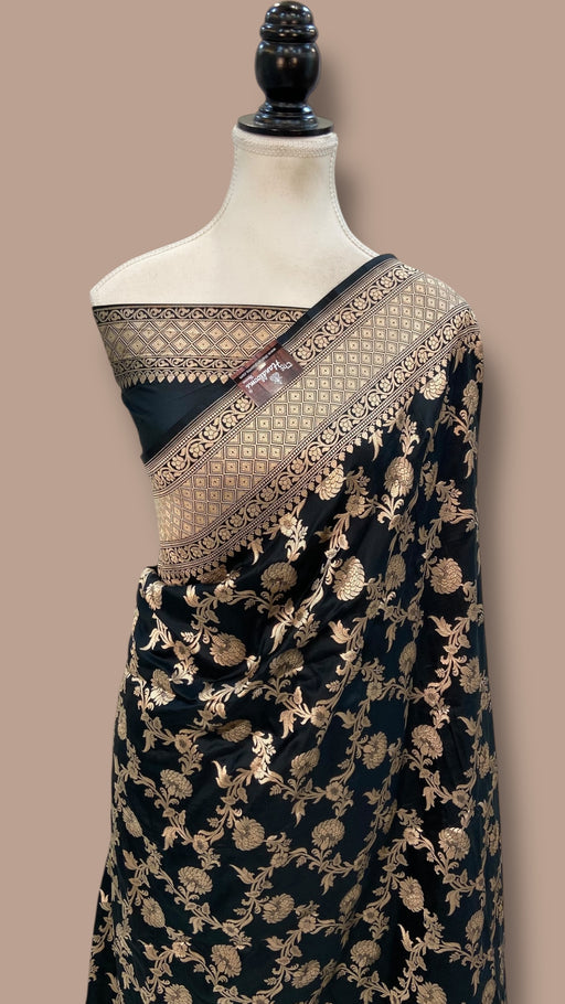 Black Pure Katan Silk Banarasi Handloom Saree - All over jaal work - The Handlooms