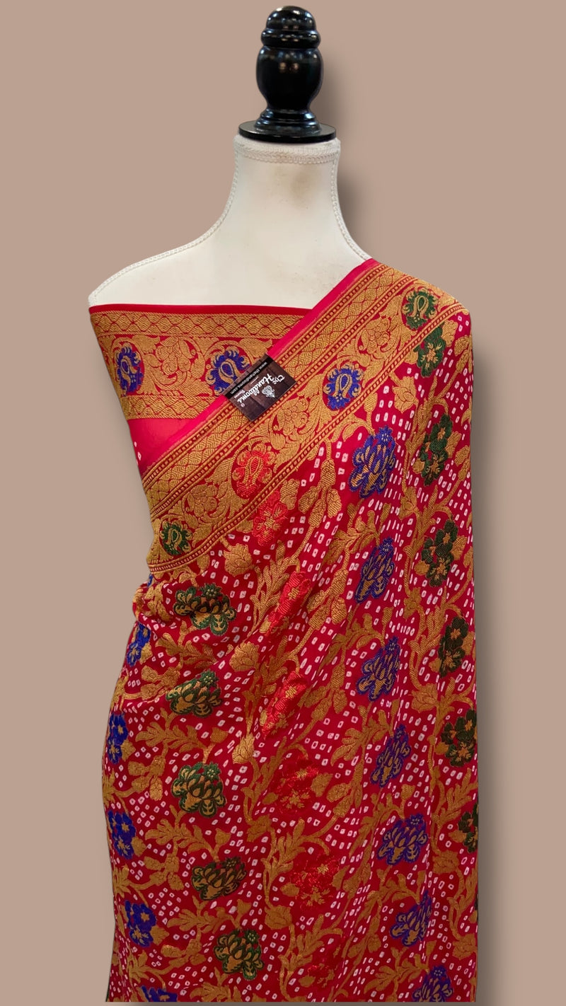Pure Georgette Banarasi Bandhej Handloom Saree - With Meenakari Work - The Handlooms