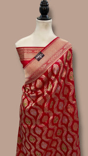 Red Pure Katan Silk Banarasi Handloom Saree - All Over Jaal Work - With Meenakari - The Handlooms