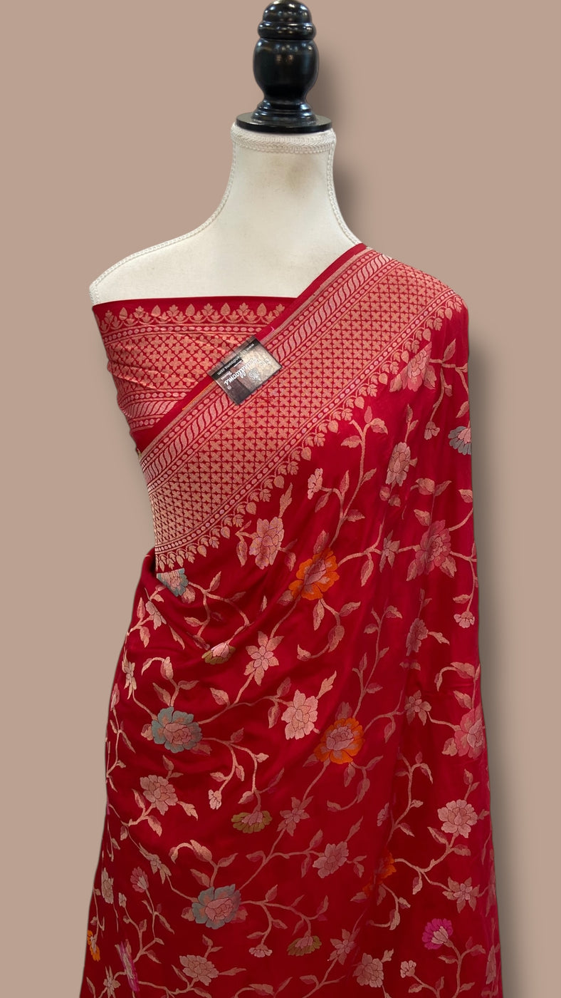 Red Art Silk Half-Saree Featuring Meen Buttas All Over the Skirt, Highlighted with a Contrast Bird-Floral Embroidered Stone Work Border, Vibrant Floral Brocade Blouse, Syska Georgette Scallop-Embroidered Dhavani, and a Brocade Belt main image 1