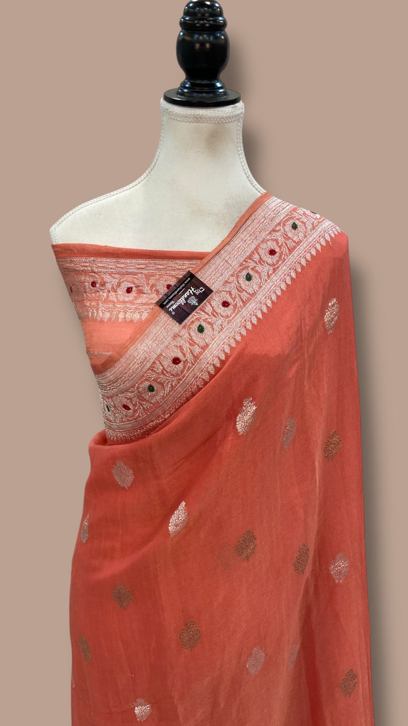 Handloom Banarasi Khaddi Georgette Tissue Saree | All-Over Sona Roopa Kadua Motifs & Meenakari - The Handlooms