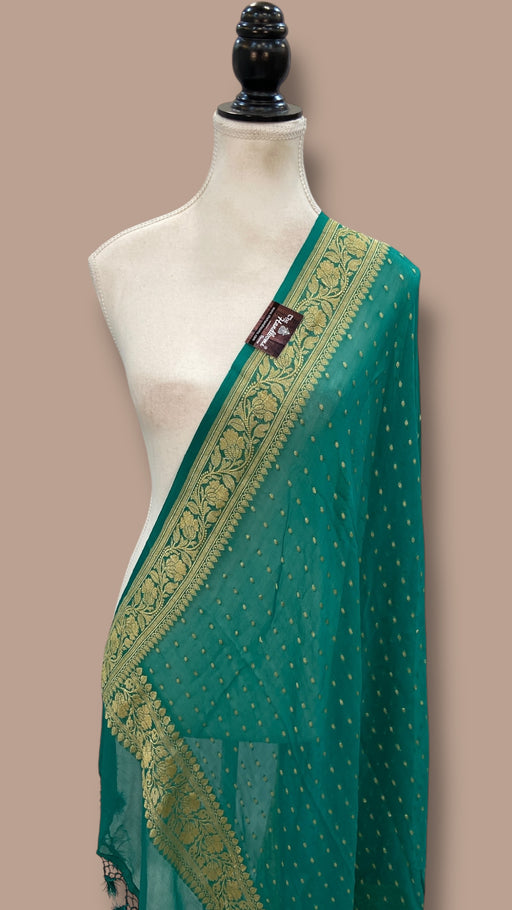 Pure Georgette Dupatta - Emerald Green Gold Zari - The Handlooms