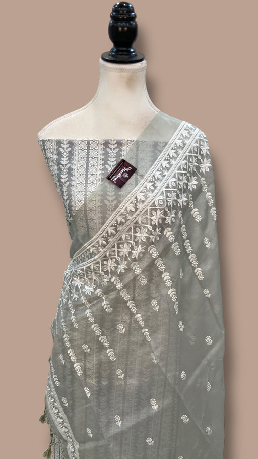 Pure Organza Chikankari Handloom Banarasi Dress Material - The Handlooms