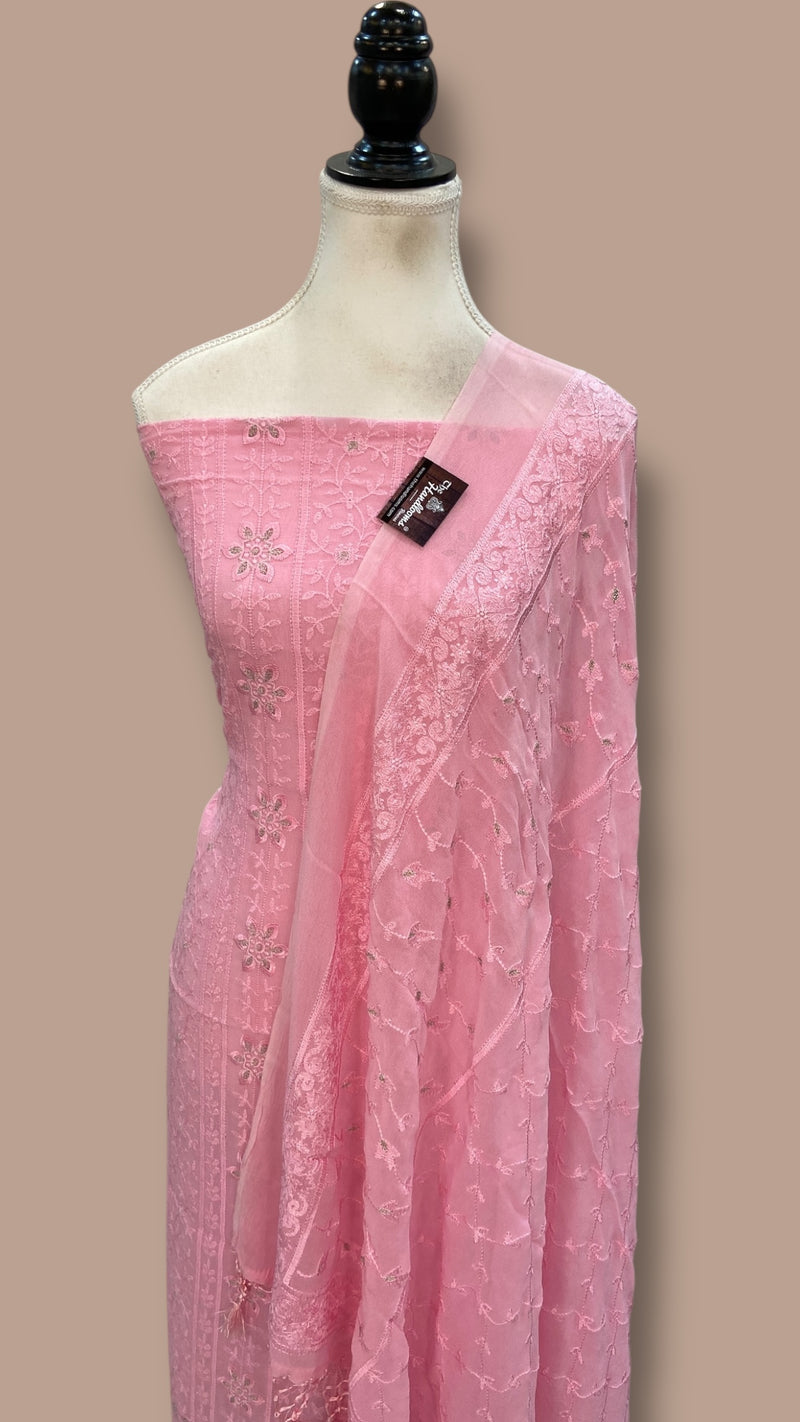 Pure Georgette Banarasi Chikankari Dress Material - The Handlooms