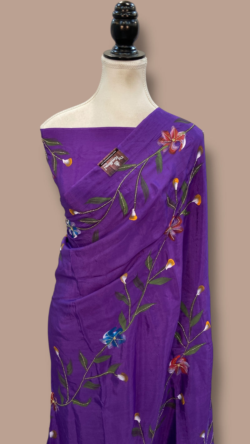 Pure Silk Handloom Banarasi Saree - Handwork Handbrush - The Handlooms