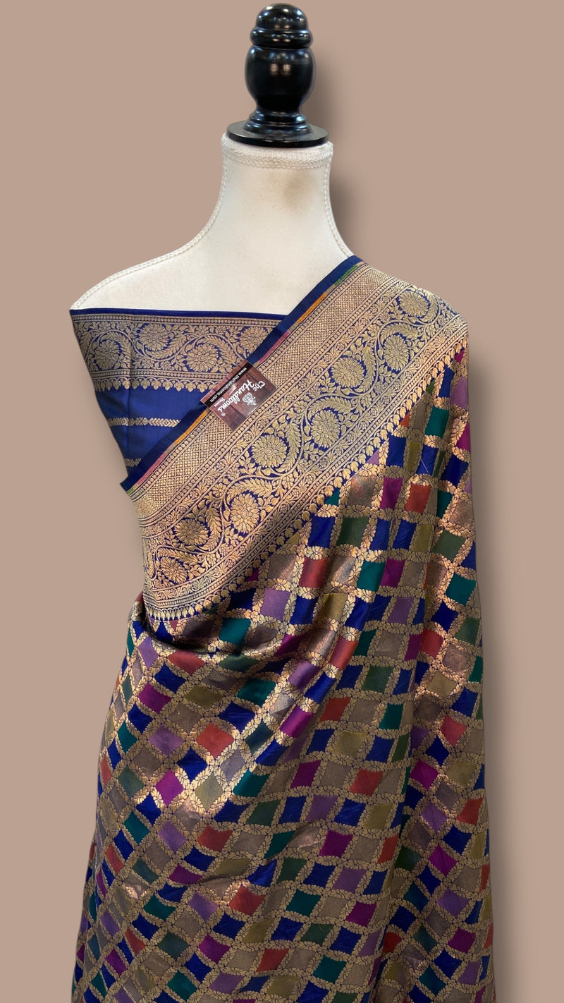 Multicolor Pure Katan Silk Banarasi Handloom Saree - All over Jaal Work With Rangkart - The Handlooms