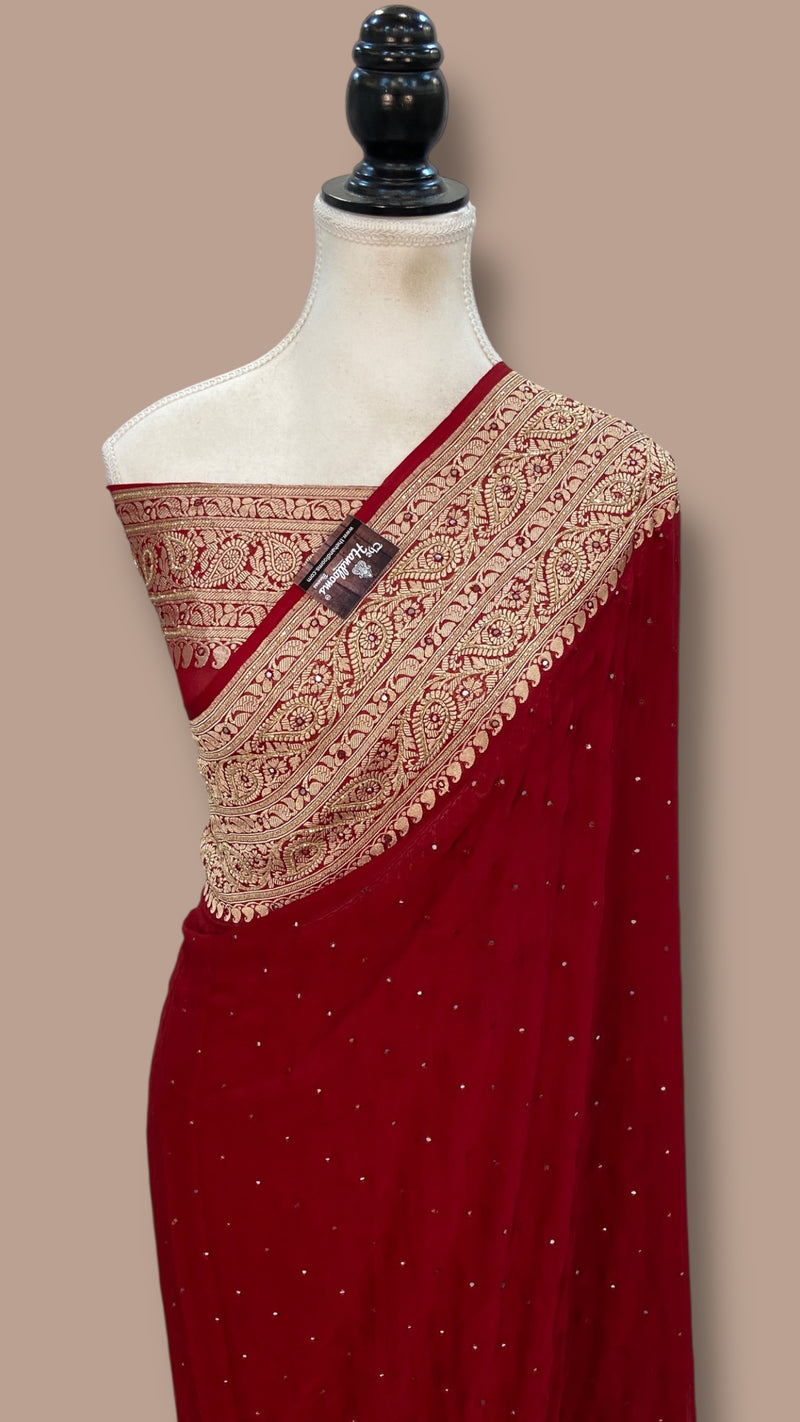 Khaddi Georgette Handloom Banarasi Saree with Handwork: Gota Patti, Zardozi, Diamond Chain, Katdana, and Abla Detailing - The Handlooms