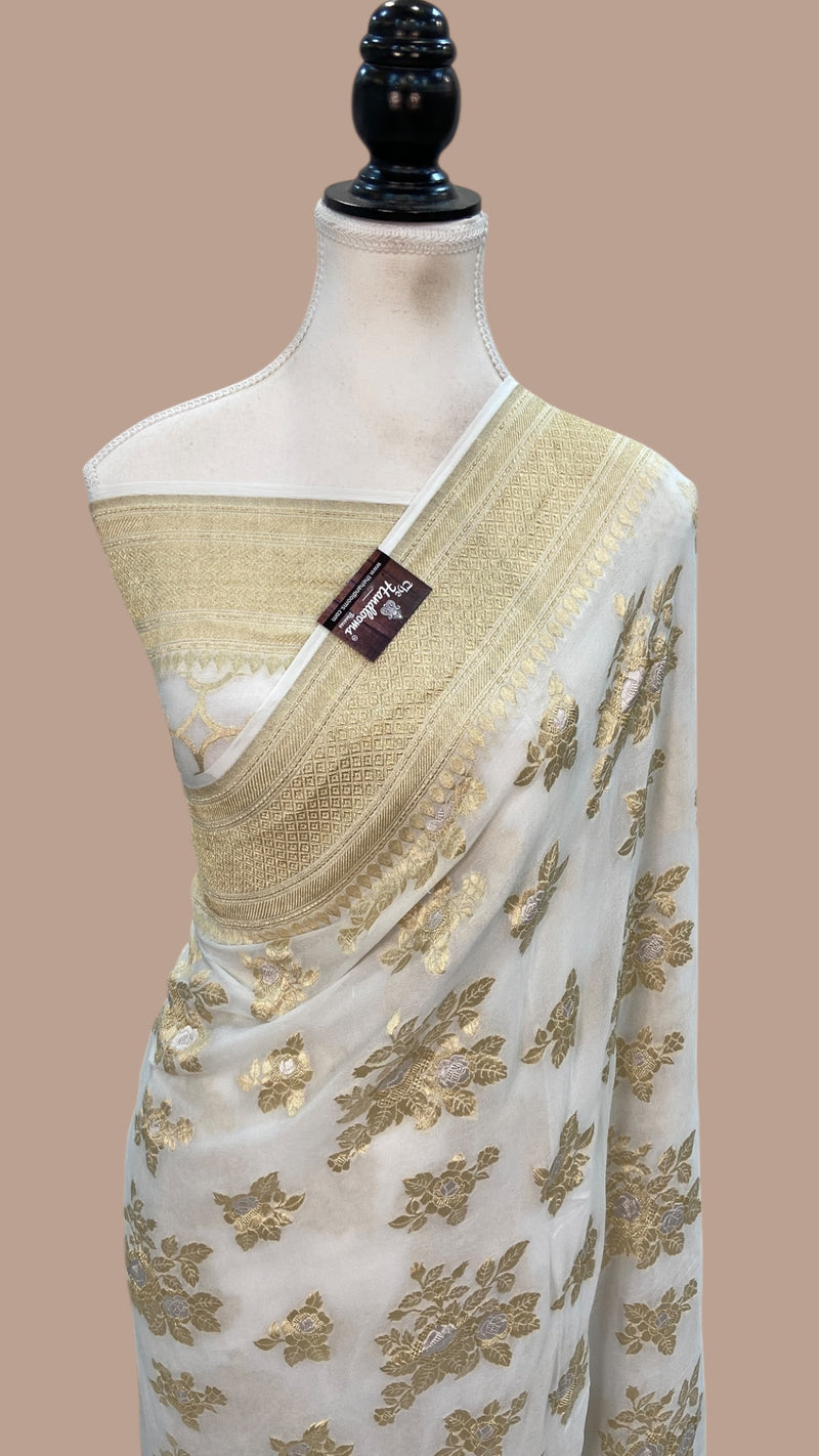 Khaddi Georgette Handloom Banarasi Saree - All Over Sona Roopa Jaal Work - The Handlooms