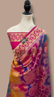 Multicolor Pure Katan Silk Banarasi Handloom Saree - All over Jaal Work With Rangkart - The Handlooms