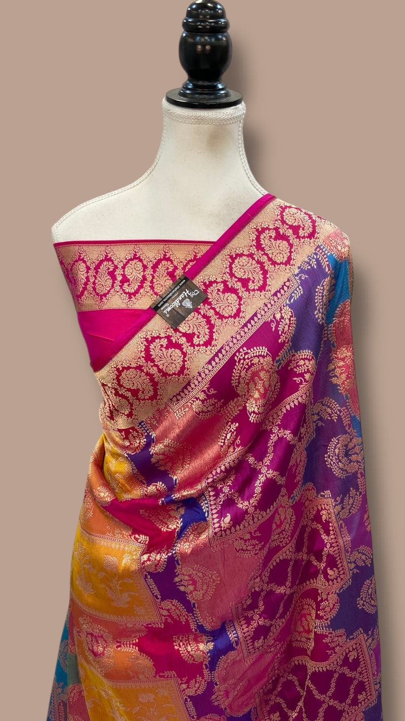 Multicolor Pure Katan Silk Banarasi Handloom Saree - All over Jaal Work With Rangkart - The Handlooms