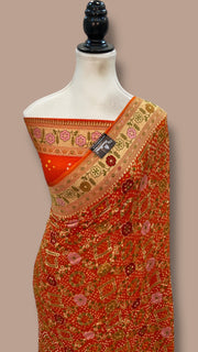 Pure Georgette Banarasi Bandhej Handloom Saree - Meenakari - The Handlooms
