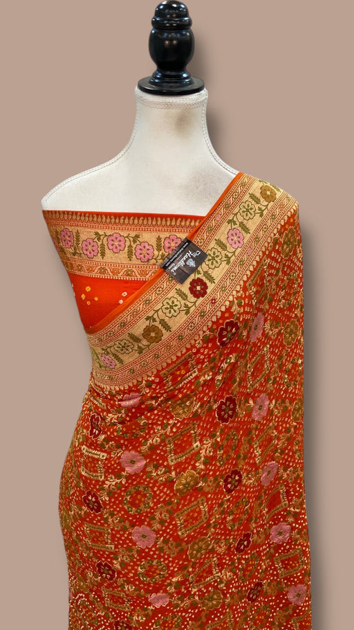 Pure Georgette Banarasi Bandhej Handloom Saree - Meenakari - The Handlooms