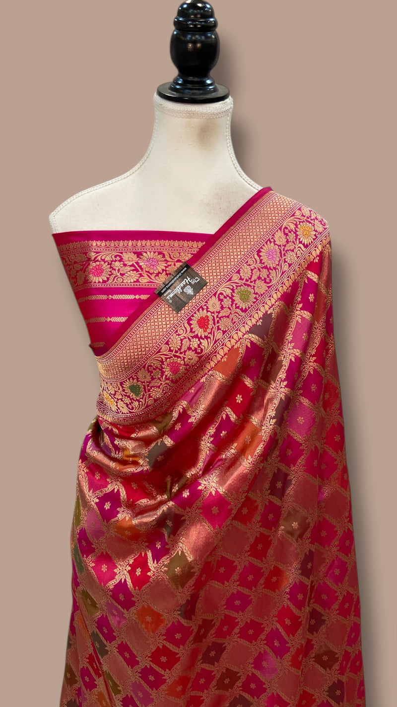 Multicolor Pure Katan Silk Banarasi Handloom Saree - All over Jaal Work With Rangkart - The Handlooms