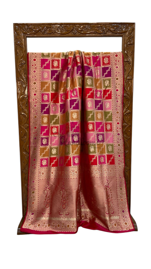 Multicolor Pure Katan Silk Banarasi Handloom Saree - All over Jaal Work With Rangkart - The Handlooms
