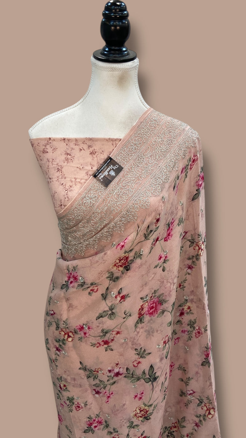 Pure Georgette Handloom Banarasi Saree - Digital Print With Chikankari - The Handlooms