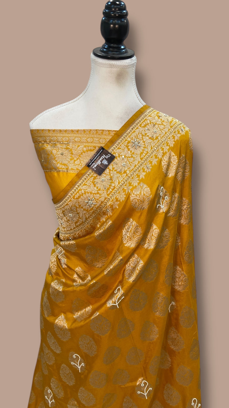 Mustard Pure Katan Silk Banarasi Handloom Saree - All Over Boota With Zardosi Handwork - The Handlooms