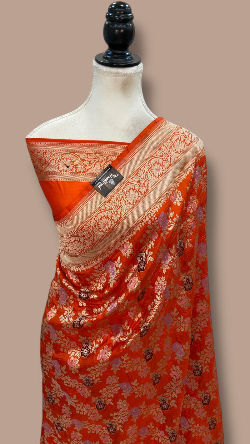 Orange Pure Katan Silk Banarasi Handloom Saree - All over Jaal Work With Meenakari - The Handlooms